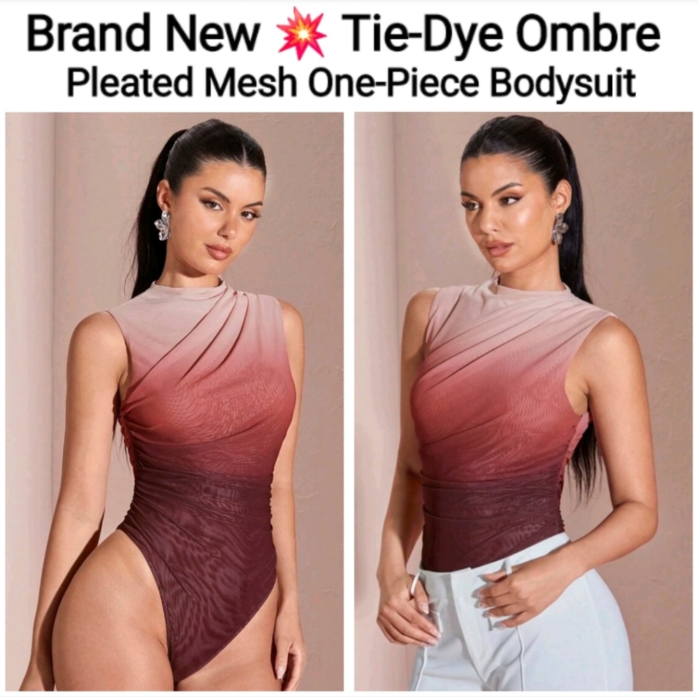 SHEIN BAE Tie-Dye Ombre Pleated Mesh One-Piece Bodysuit, Size L